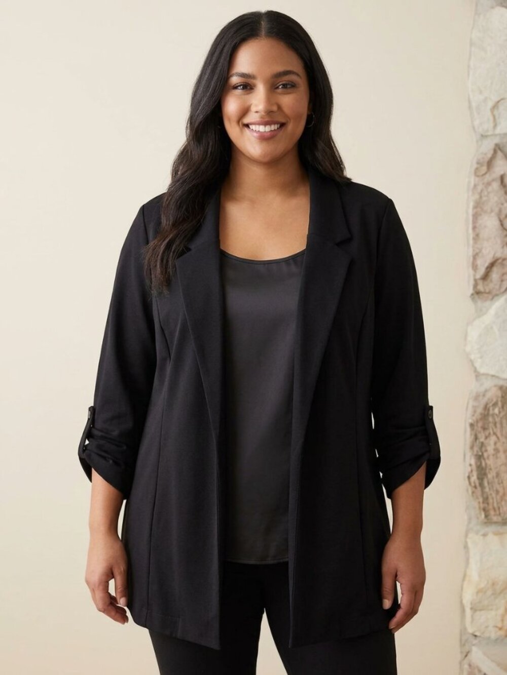 Massini Black Open-Front Blazer with Roll-Tab Sleeves